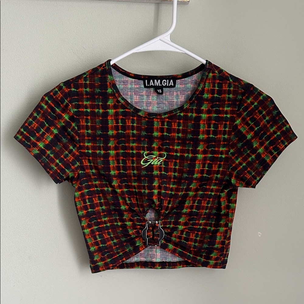 I.AM.GIA Green & orange  Plaid Tie-Front Crop Top